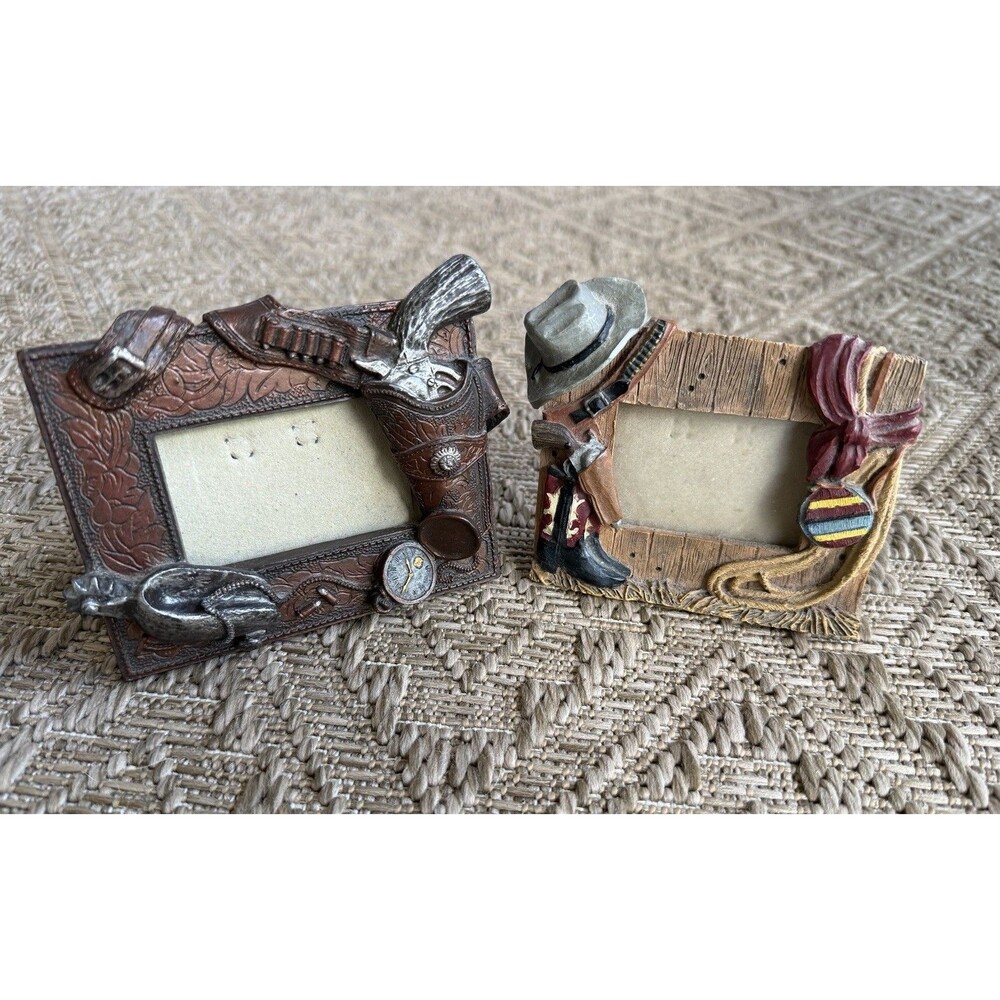 2 Western Cowboy Picture Frame Lot Rope Saddle Boot Revolver Rustic Ranch Decor